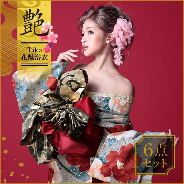 浴衣 花魁 花魁浴衣 Tika ティカ ストライプ 赤牡丹 おいらん浴衣5点セット 浴衣 下駄 平帯 兵児帯 肌襦袢 女性用浴衣 レディース浴衣 Tk Yko1804set ドレスショップ Tika 通販 Yahoo ショッピング