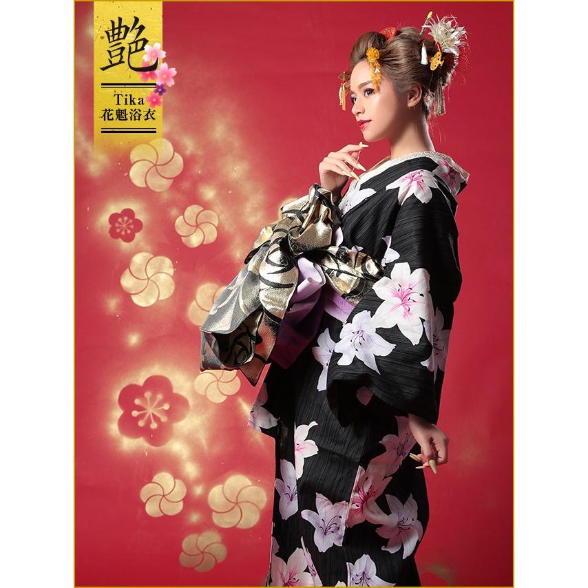 全ての 浴衣 レディース 花魁浴衣 5点セット 浴衣 下駄 平帯 兵児帯 肌襦袢 黒地 縞模様 百合 残りわずか Regionmarket Store