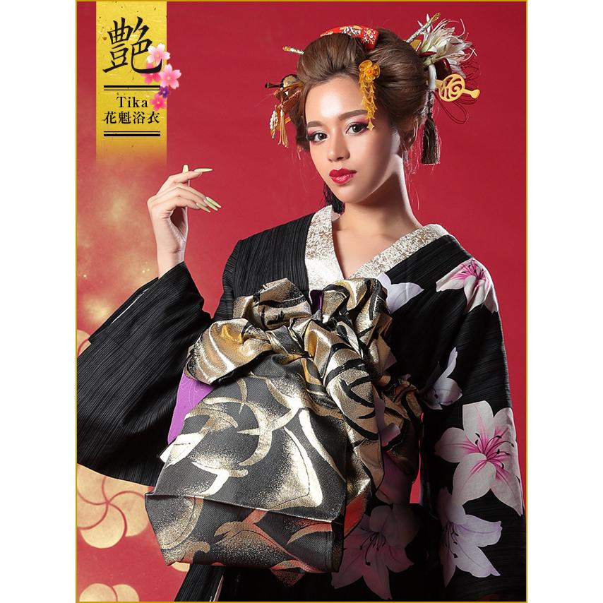 全ての 浴衣 レディース 花魁浴衣 5点セット 浴衣 下駄 平帯 兵児帯 肌襦袢 黒地 縞模様 百合 残りわずか Regionmarket Store