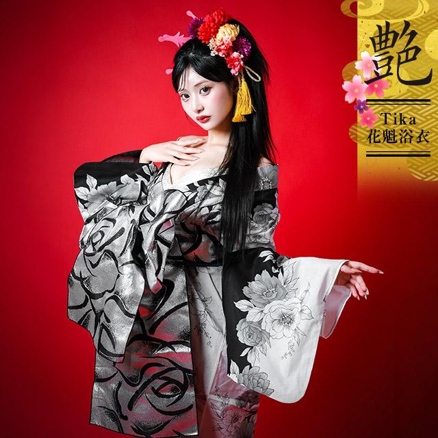 Tika【花魁浴衣】2way 5点セット　Mサイズ Tika（ティカ） 花魁浴衣 浴衣セット 浴衣レディース 2way 線画 牡丹柄