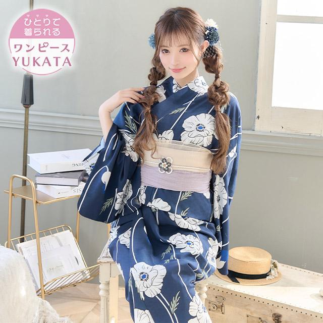 Tika 浴衣 レディース セット 線画ホワイトポピー ゆかた3点