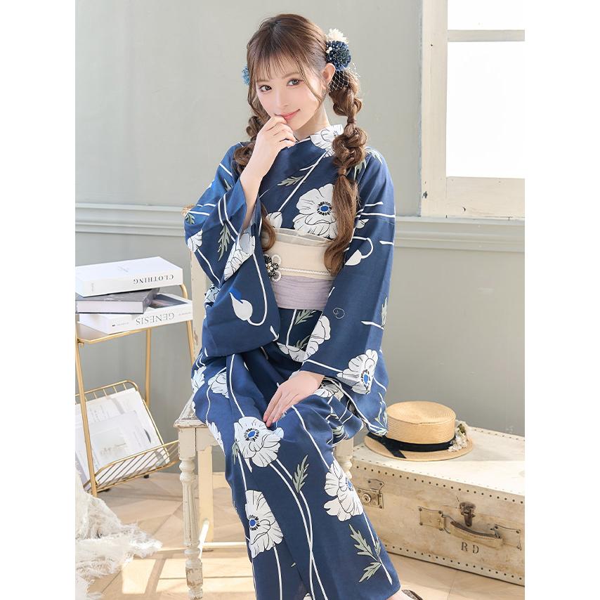 Tika 浴衣 レディース セット 線画ホワイトポピー ゆかた3点