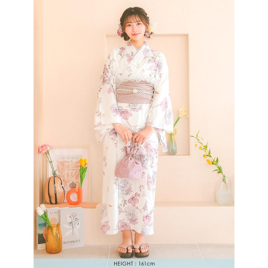 Tika ワンピース浴衣3点セット　線画フラワー ピンク Tika 浴衣 レディース セット ワンピース 白地 水彩 ニュアンス