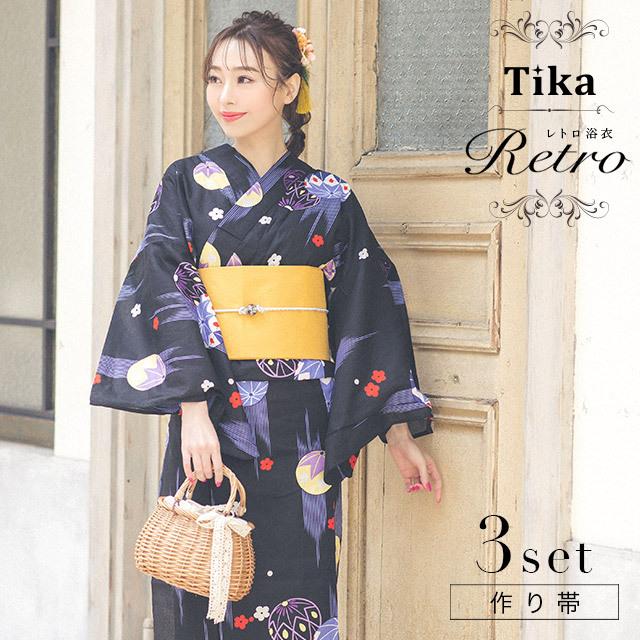 tika 浴衣3点(作り帯)セット 濃紺菖蒲柄浴衣3点セット レディース浴衣 作り帯[品番