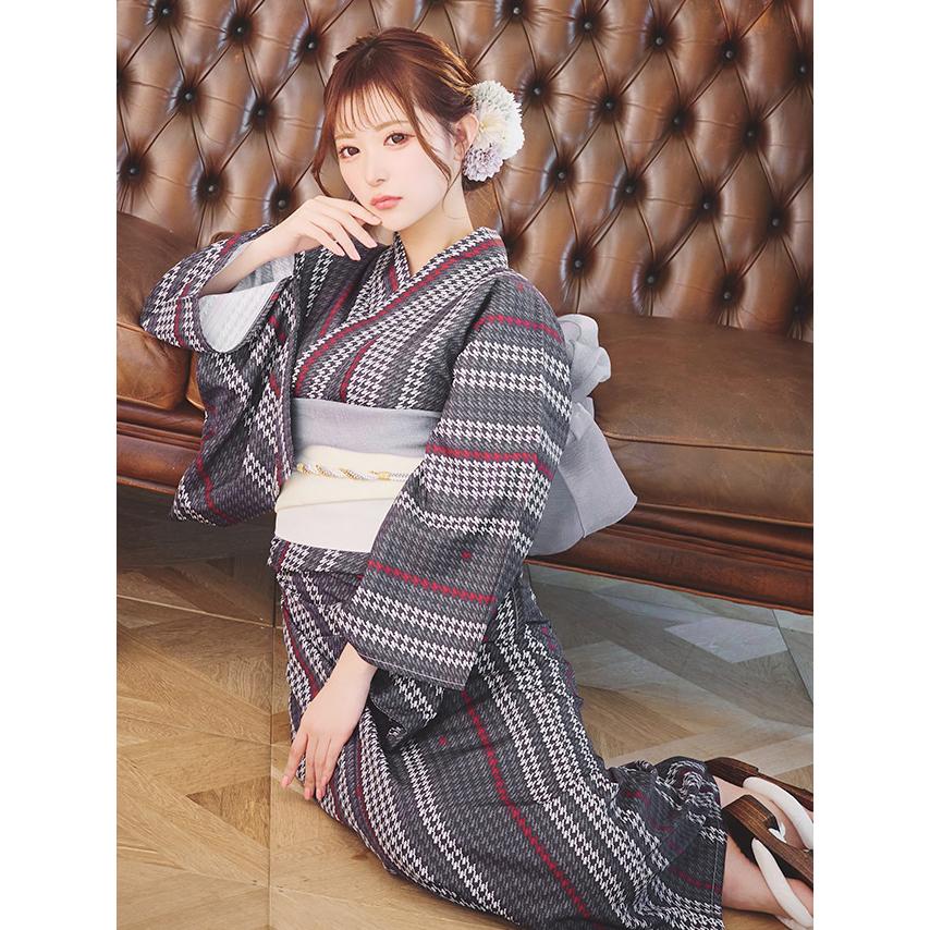 Tika 浴衣 モノトーンチェック レトロ 簡単 一人で着れる 3点セット Tika 浴衣 モノトーンチェック レトロ 簡単 一人で着れる 3点