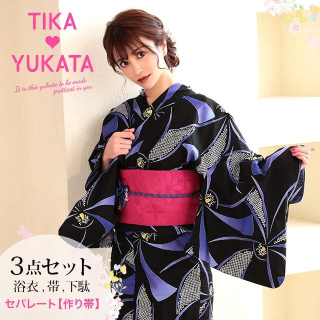 浴衣 レディース 二部式浴衣3点セット セパレート浴衣 帯 下駄 黒地 青色 変わり花 Tk Yks128 mo16abl ドレスショップ Tika 通販 Yahoo ショッピング