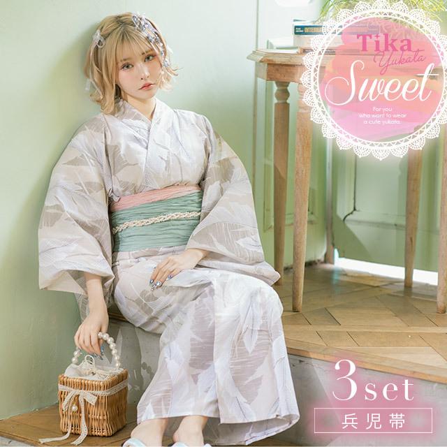 Tika ゆかた 激安 浴衣 レディース セット ベージュ リーフ