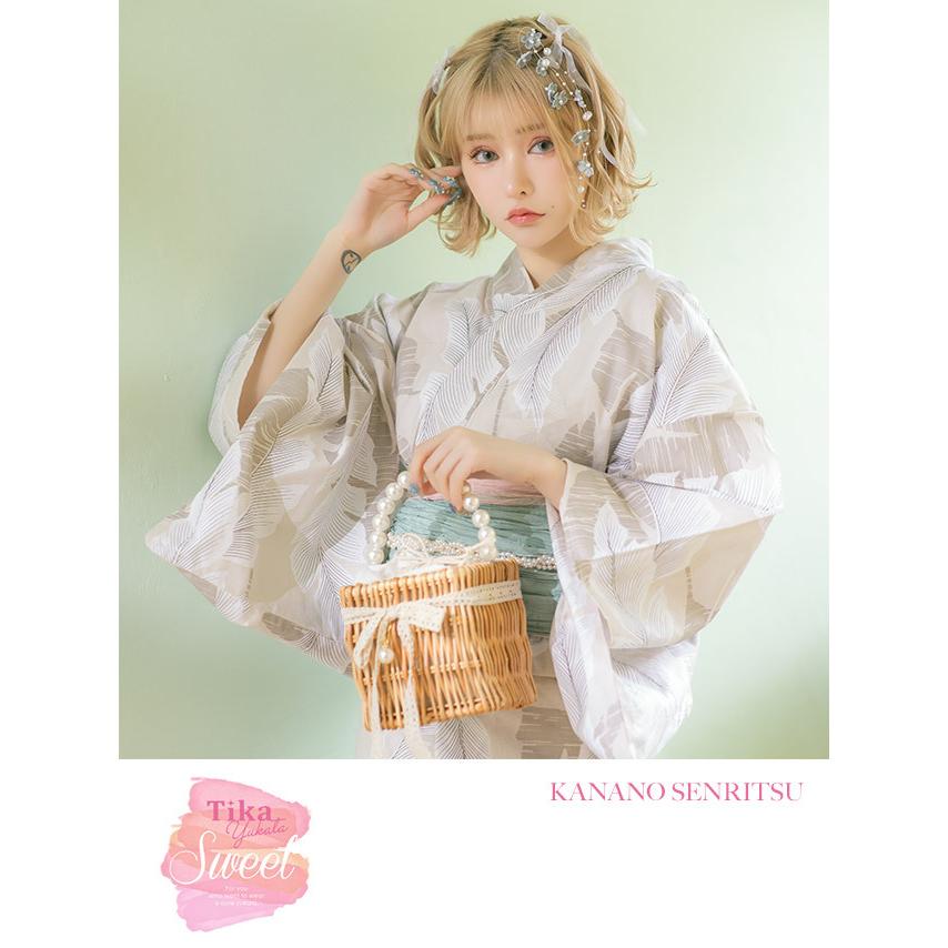Tika ゆかた 激安 浴衣 レディース セット ベージュ リーフ