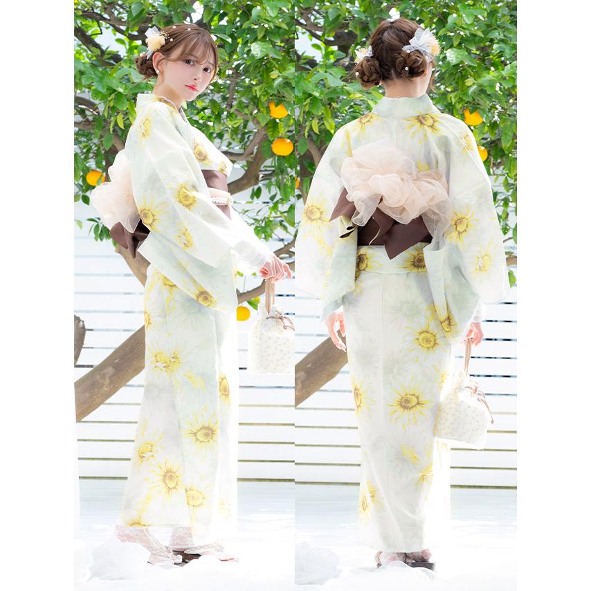 Tika 浴衣 レディース 白地 水彩 向日葵 ゆかた 3点セット 平帯