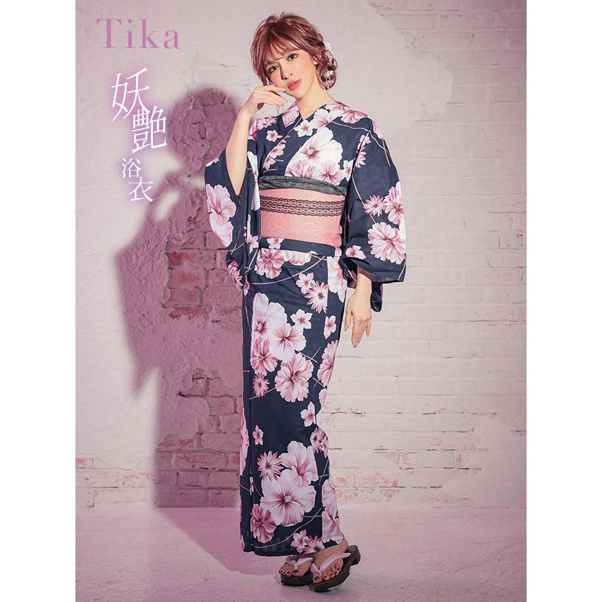 TIKA 浴衣・帯セット 黒×ピンク Tika 浴衣 レディース 50代 フリーサイズ セット 20代 40代 花柄