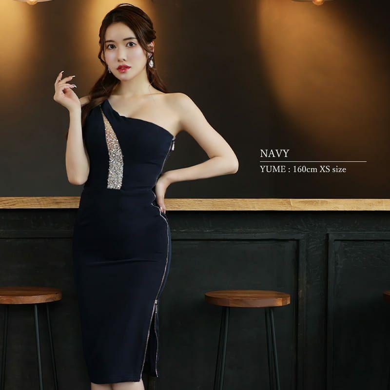 グラデーション片肩タイトドレス 取り寄せ商品】キャバドレ グラデーションビジュー サイドジップ