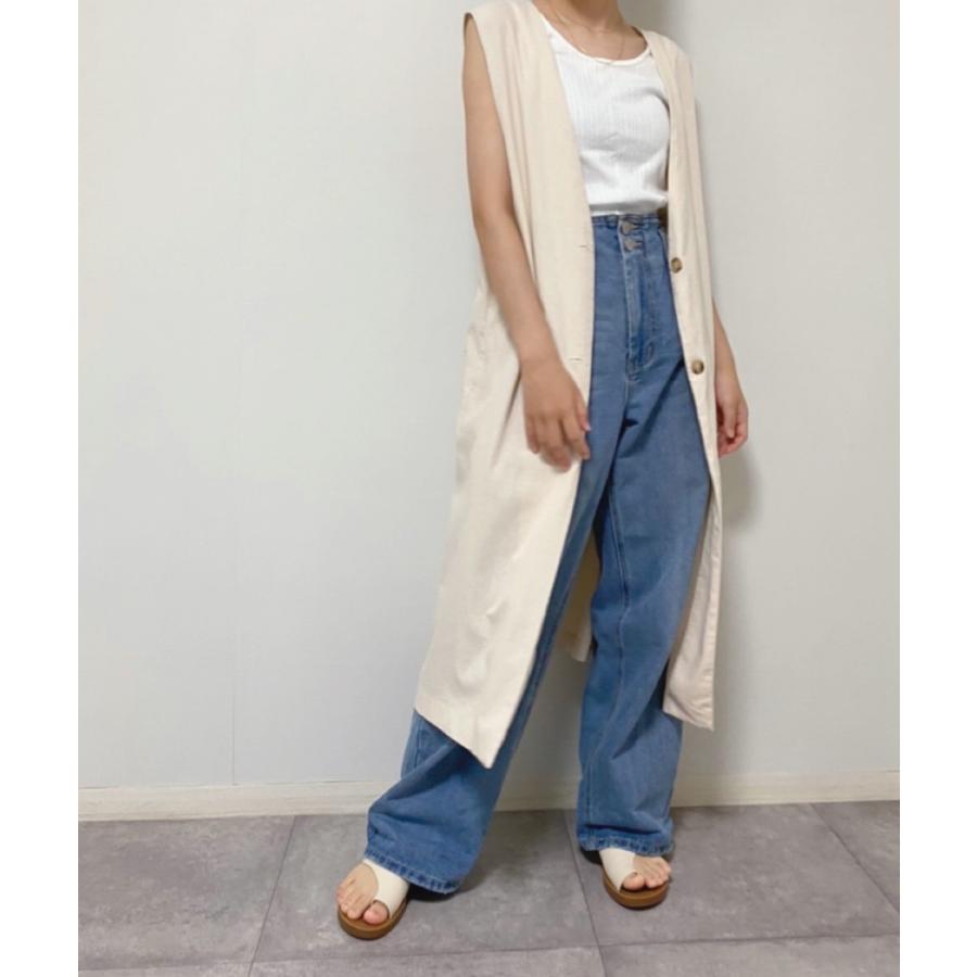 レーヨン リネン Vネック ロング ジレ 春 夏 重ね着 レイヤード  羽織り ベスト ノースリーブ レディース トップス トレンド | 
