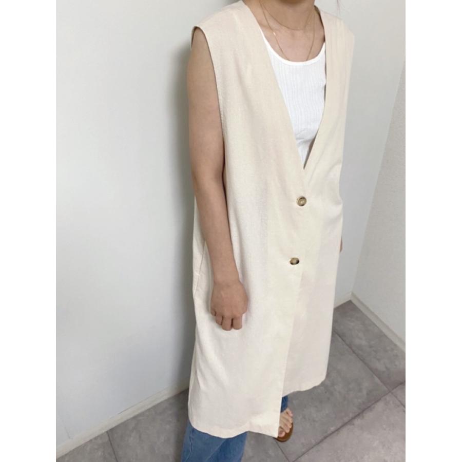 レーヨン リネン Vネック ロング ジレ 春 夏 重ね着 レイヤード  羽織り ベスト ノースリーブ レディース トップス トレンド |  | 02