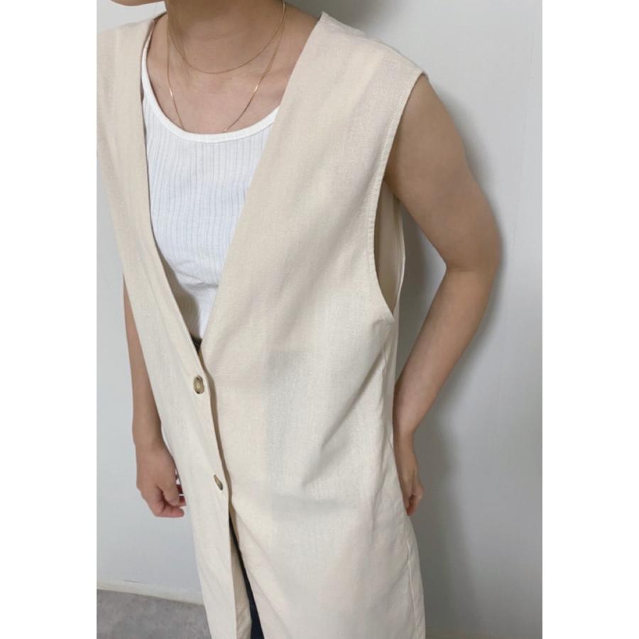 レーヨン リネン Vネック ロング ジレ 春 夏 重ね着 レイヤード  羽織り ベスト ノースリーブ レディース トップス トレンド |  | 03