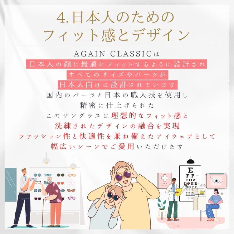 透明レンズ 日本製 サングラス 鯖江の職人が挑む世界一を目指す究極の品質 AGAIN CLASSIC サングラス ボストン MADE IN JAPANの画像