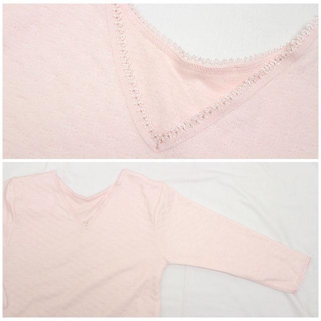 肌着 保温 8分袖 シャツ レディース 女性 綿混 ふんわり キルト レース付き Vネック 無地 婦人肌着 M L LL 3L |  | 03