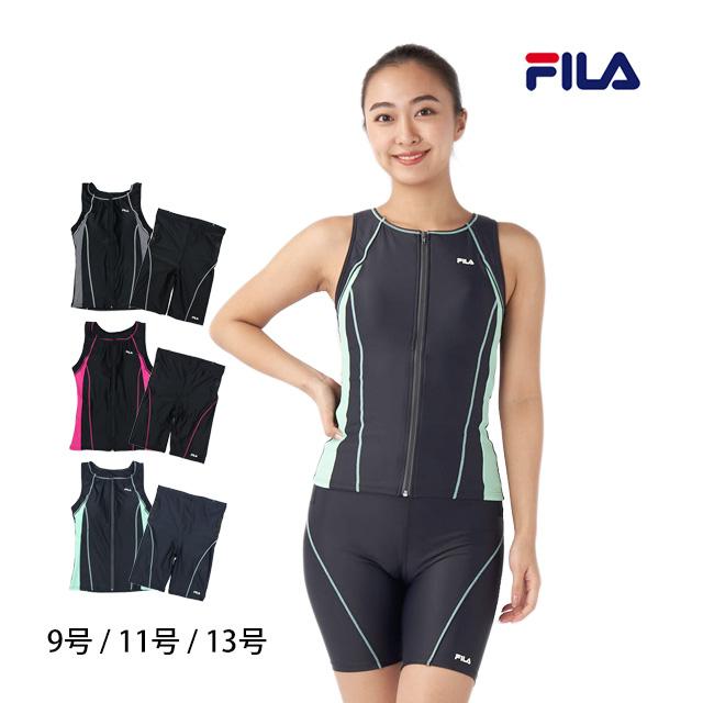 フィットネス 水着 レディース セパレート 女性用 フィラ FILA ノースリーブ 前ファスナー 体型カバー 9号 11号 13号 | FILA