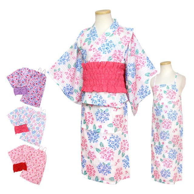 浴衣 サンドレス 2WAY ワンピース 3点セット 女の子 キッズ 子供 和装 夏祭り 綿100% ゴムタイプ帯 100cm 110cm 120cm 130cm 140cm | 