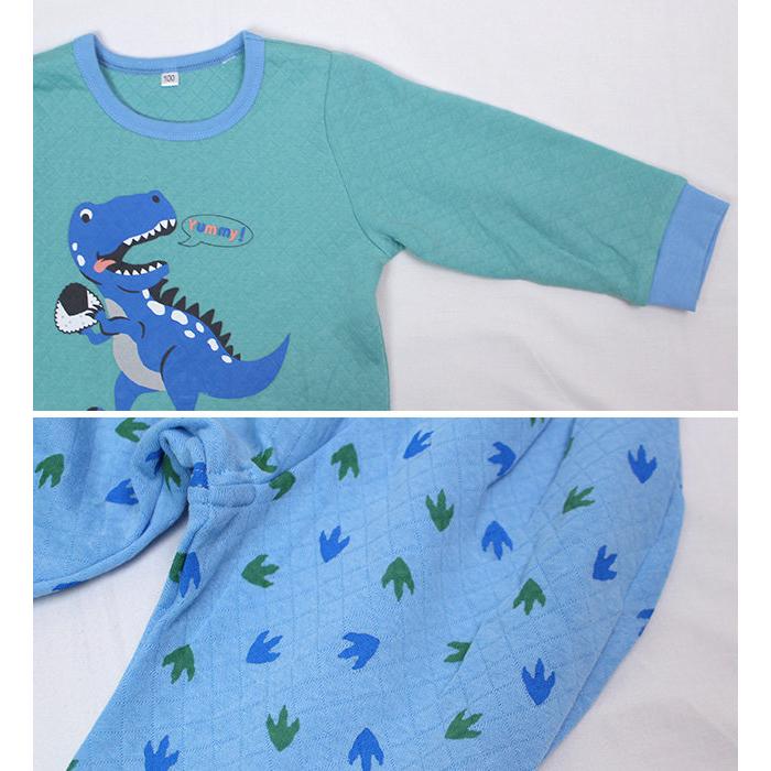 パジャマ キルト 長袖 子供 キッズ 男の子 中綿 上下 腹巻付き 丸首 かぶりタイプ 恐竜柄 寝巻き 秋 冬 100cm 110cm 120cm |  | 02