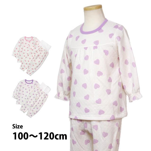 パジャマ キルト 長袖 子供 キッズ 女の子 中綿 上下 腹巻付き 丸首 かぶりタイプ ハート柄 寝巻き 秋 冬 100cm 110cm 120cm | 