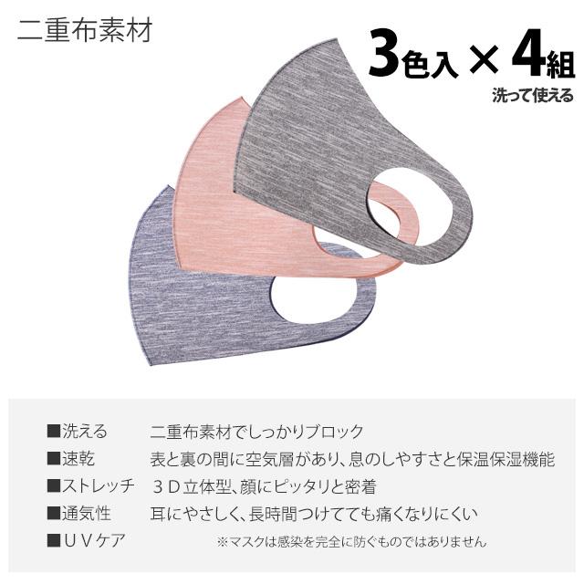 マスク 洗える マスク 3色入り4組12枚セット 保温 保湿 大人用マスク 暖かい 二重布素材 ファッションマスク 布マスク 立体マスク｜timely｜04