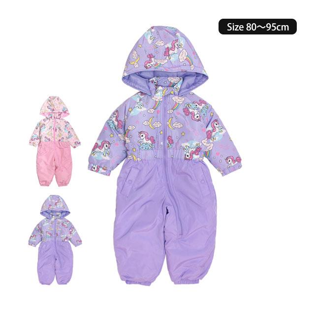 ベビー ジャンプスーツ 女の子 子供 ユニコーン柄 スノーウェア 雪遊び 中綿 カバーオール つなぎ 80cm 90cm 95cm | 