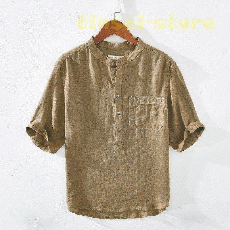 Tシャツ メンズ 五分袖 無地 ヘンリーネック リネンシャツ 麻 バンドカラー ポケットTシャツ｜tinsei-store｜04