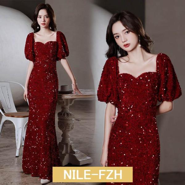 イブニングドレス スパンコール キラキラ ドレス ワイン赤 結婚式ドレス ロング 二次会ドレス パフスリーブ プリンセスドレス マーメイドライン ロングドレス | ブランド登録なし
