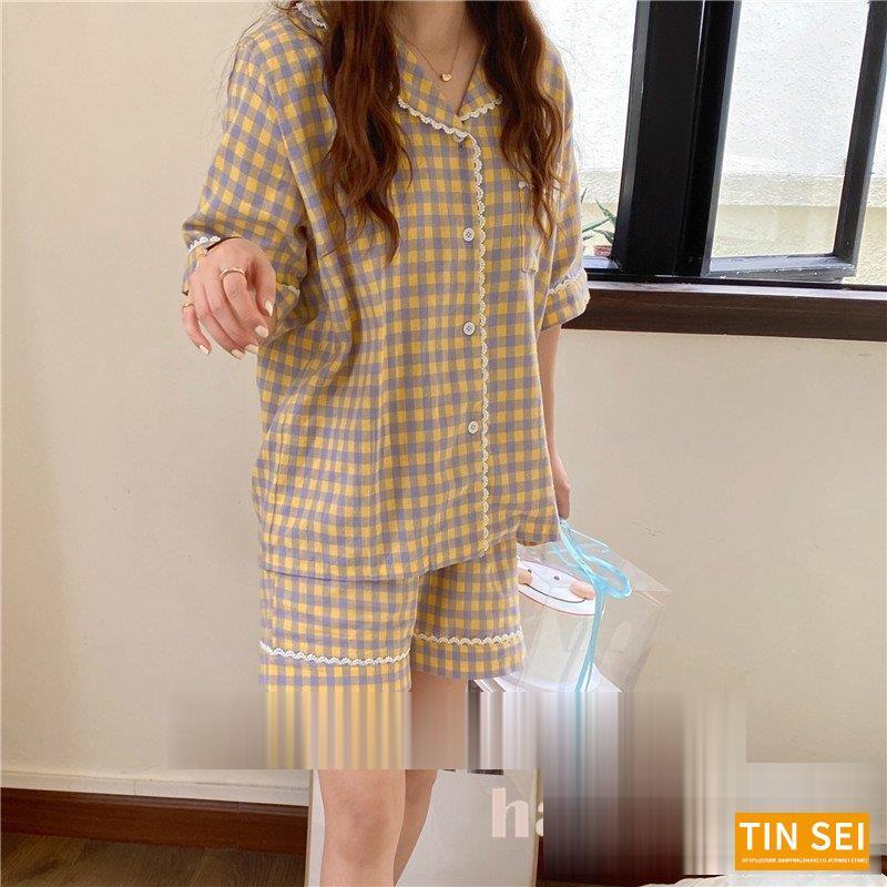 輝く高品質な 薄手 前開き ルームウェア チェック柄 半袖 夏 レディース パジャマ レース 部屋着 上下セット 寝巻き 夏用 2点セット 折り襟 綿 韓国風 パジャマ Edudepart Com