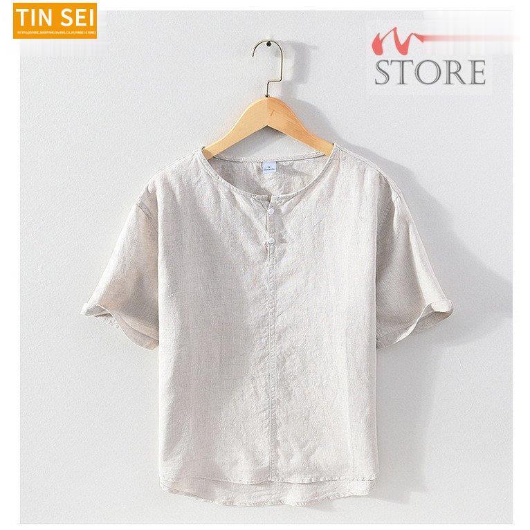 リネンシャツ メンズ 半袖シャツ バンドカラー ヘンリーネック プルオーバーシャツ 夏 夏物 カジュアル リネンシャツ メンズ 半袖シャツ バンドカラー ヘンリーネック プル