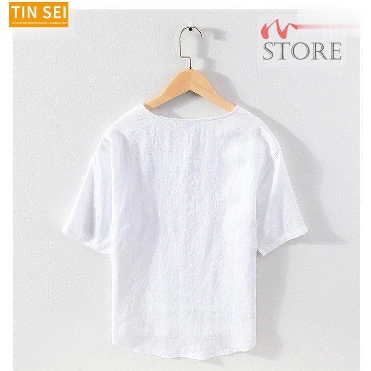 リネンシャツ メンズ 半袖シャツ バンドカラー ヘンリーネック プル