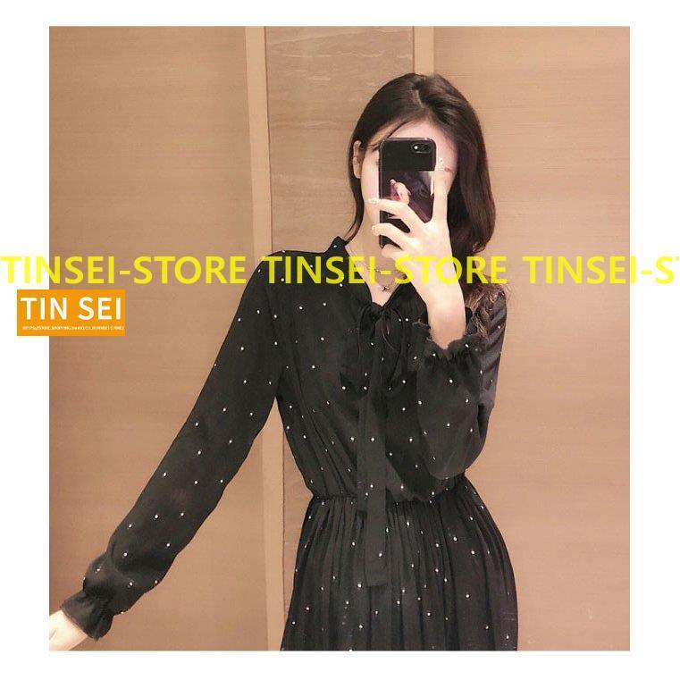 ワンピース レディース ミモレ丈ワンピース ロング丈ワンピース ドット柄 水玉柄 長袖ワンピース プリーツ リボン カジュアル 可愛い 体型カバー 秋新作 スーパーセール期間限定