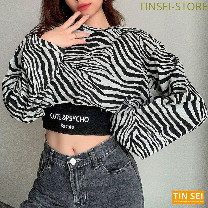 ゼブラ柄Tシャツ レディース 長袖 チェック柄 2点セットへそ出し