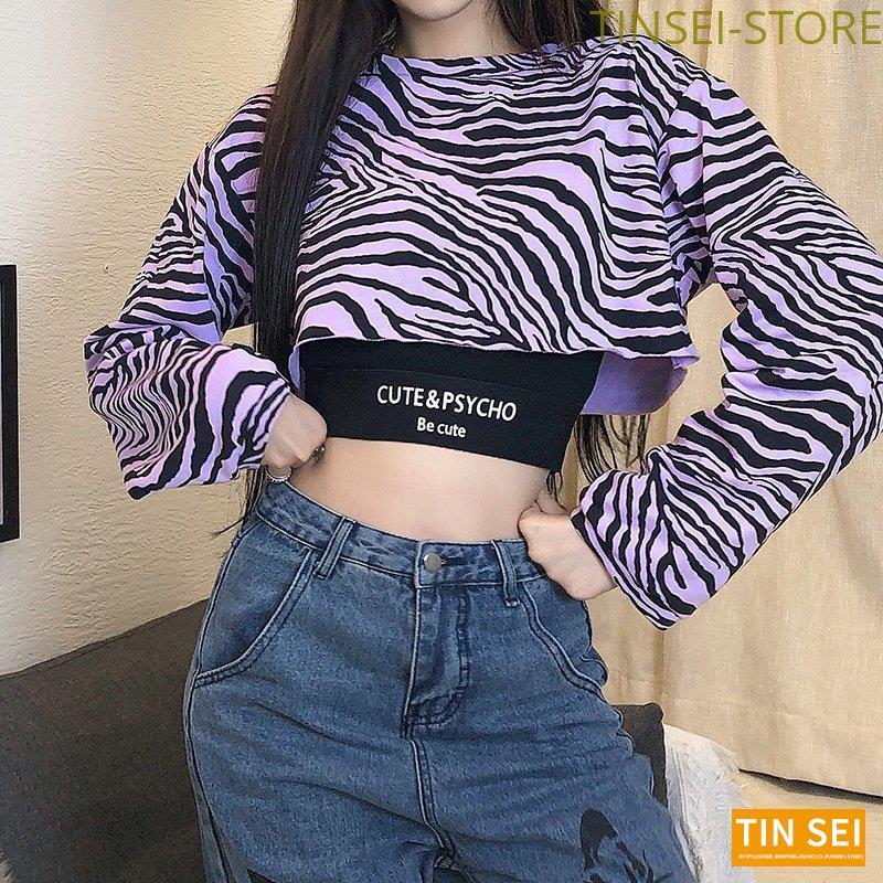 ゼブラ柄Tシャツ レディース 長袖 チェック柄 2点セットへそ出し