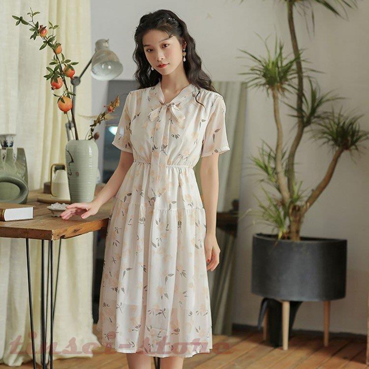 ワンピース レディース 夏 半袖 花柄ワンピース 通勤ワンピース きれいめ ロング丈 リボン 韓国風 復古風 可愛い オシャレ カジュアル ゆったり 激安通販の