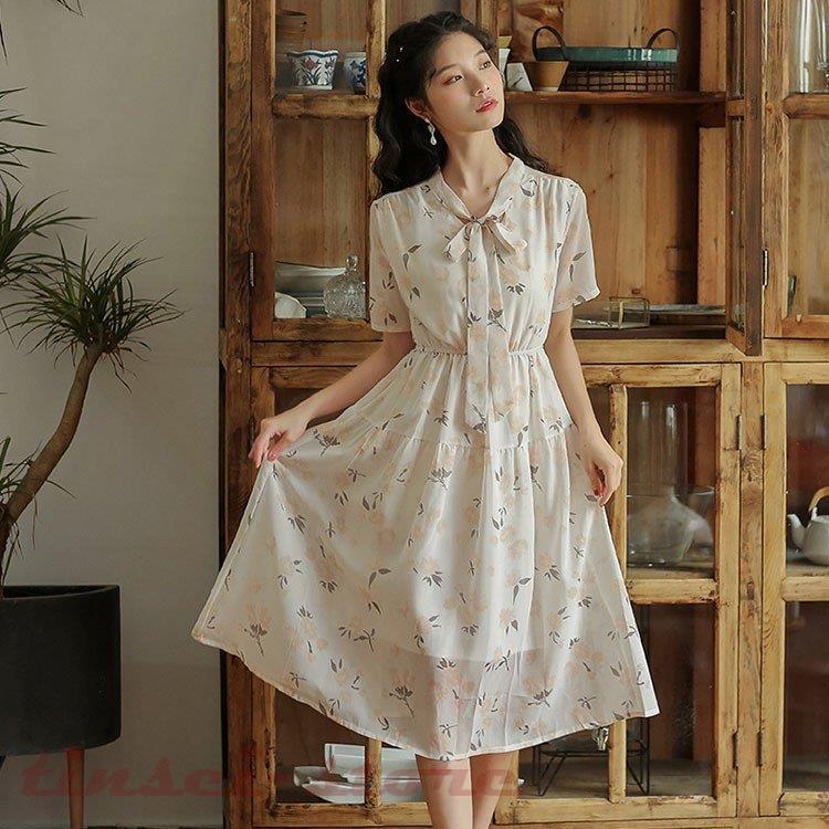 ワンピース レディース 夏 半袖 花柄ワンピース 通勤ワンピース きれいめ ロング丈 リボン 韓国風 復古風 可愛い オシャレ カジュアル ゆったり 激安通販の