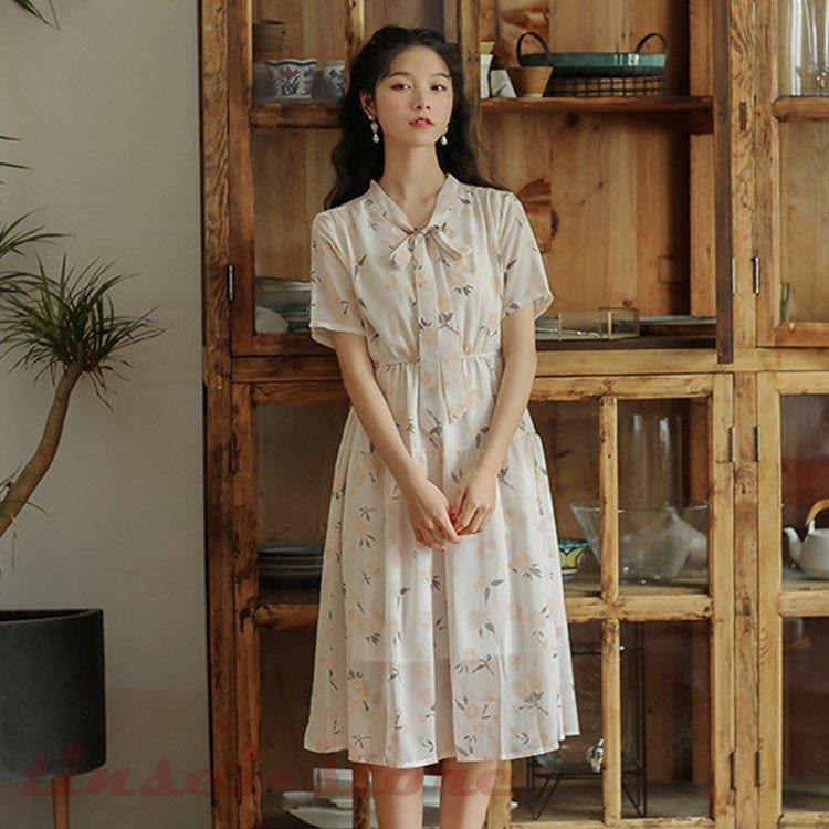 ワンピース レディース 夏 半袖 花柄ワンピース 通勤ワンピース きれいめ ロング丈 リボン 韓国風 復古風 可愛い オシャレ カジュアル ゆったり 激安通販の