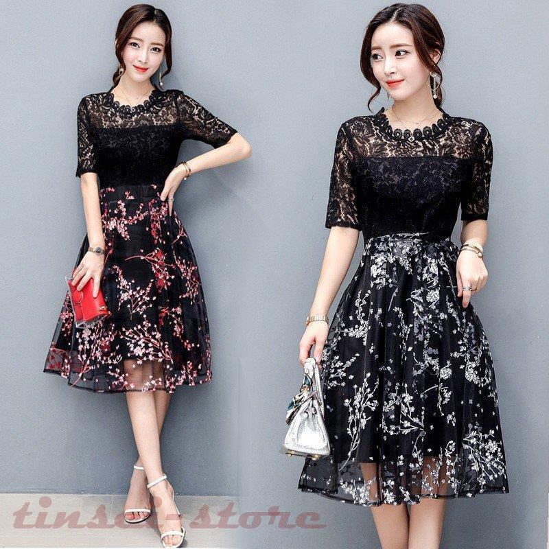 ワンピースドレス レディース 40代 キレイめ 膝丈ワンピース 春夏 半袖ワンピース 総レース 花柄ワンピ 韓国風 フォーマルドレス 黒 オシャレ 上品 着痩せ Tin319 Fbx697 Tinseiヤフー店 通販 Yahoo ショッピング