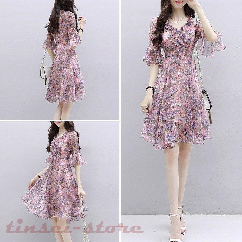 ワンピース レディース 夏 七分袖ミニワンピース フレア 花柄 ワンピース シフォンワンピース 韓国風 ショット丈ワンピース オシャレ 上品 Tin319 Fbx944 Tinseiヤフー店 通販 Yahoo ショッピング