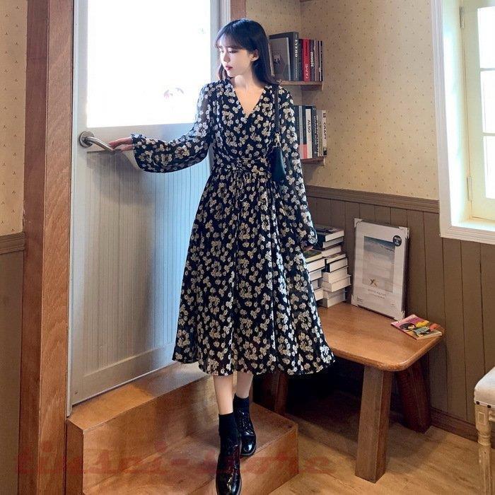 ワンピース レディース 40代マキシワンピース 春秋 長袖ワンピース Vネック シフォンワンピース 花柄 Aラインスカート オシャレ 通勤 お出かけ 30代 50代 開店記念セール