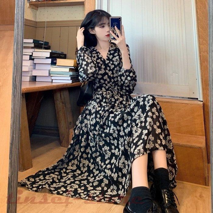 ワンピース レディース 40代マキシワンピース 春秋 長袖ワンピース Vネック シフォンワンピース 花柄 Aラインスカート オシャレ 通勤 お出かけ 30代 50代 開店記念セール