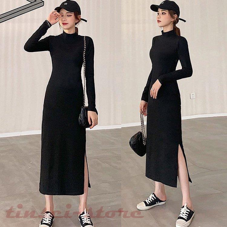 マキシワンピース レディース 秋冬 長袖 スウェットワンピース 黒タイトスカート ハイネック ひざ下ワンピ スリット裾 インナー オシャレ 大人 Tin319 Fcx263 Tinseiヤフー店 通販 Yahoo ショッピング