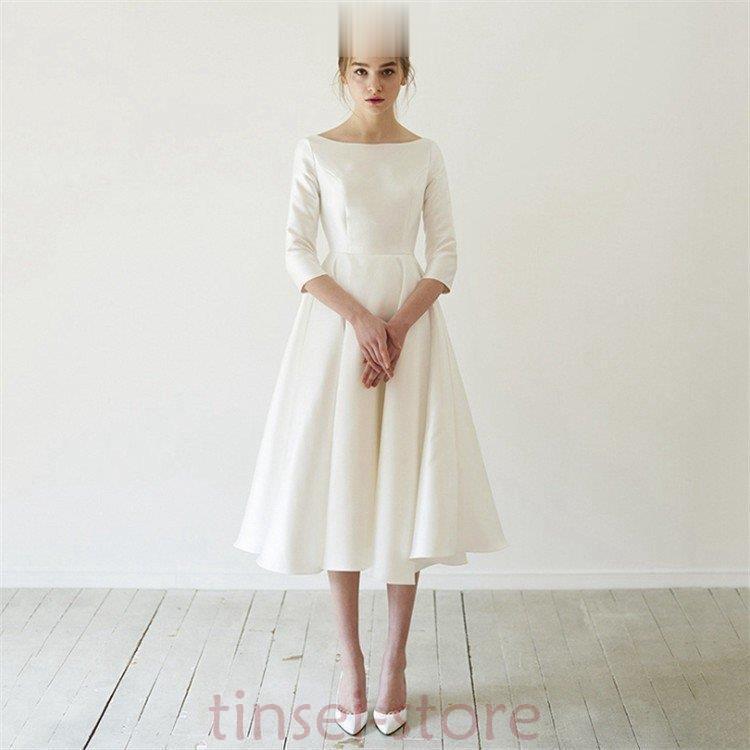 ブランド物 パーティードレス 袖あり 結婚式 ワンピース ドレス サテン Aラインミディアム丈 ミモレ丈 フォーマル 白 フレア 大きいサイズ コーデ お呼ばれ 二次会 発表会 在庫一掃大特価 Www Thermotele Com