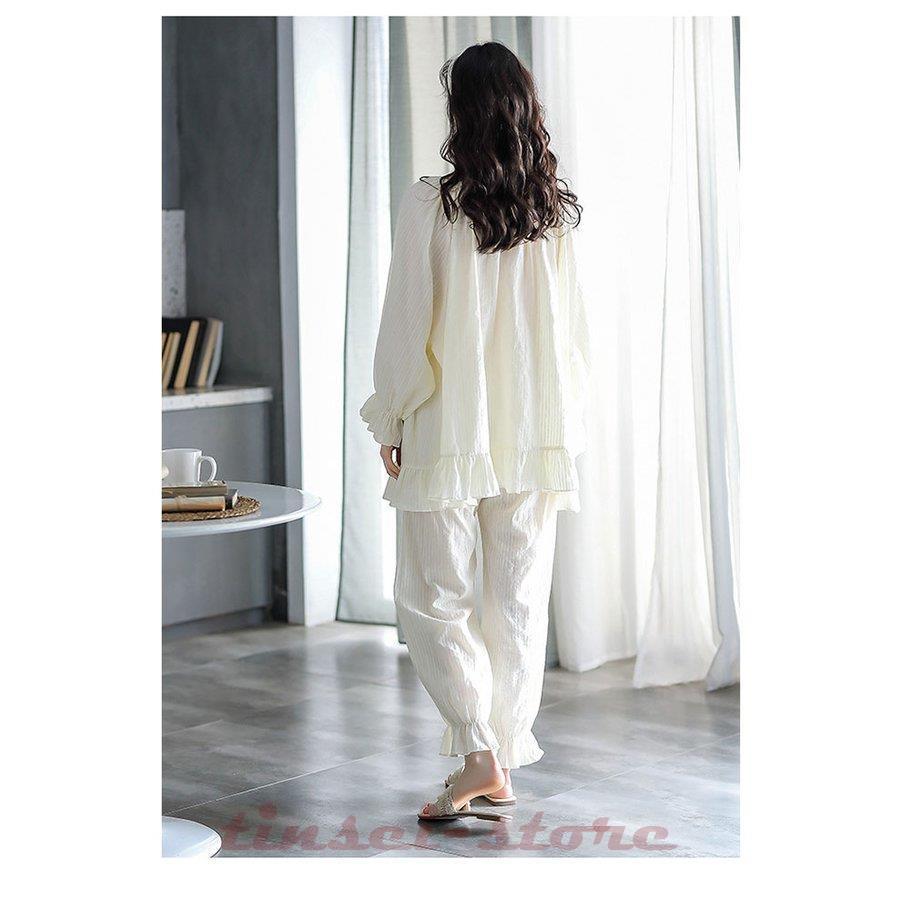 パジャマ ルームウェア レディース 春秋 長袖 前開き セットアップ 白