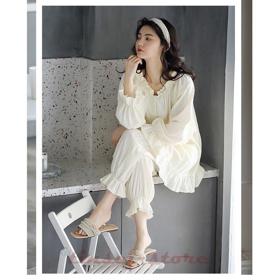 パジャマ ルームウェア レディース 春秋 長袖 前開き セットアップ 白