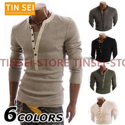 ロンT メンズ 6色 ロングTシャツ Tシャツ 長袖 カットソー ヘンリー