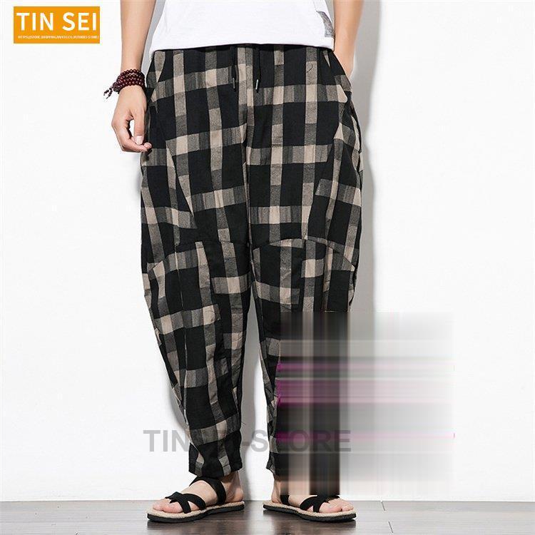 テーパードパンツ メンズ チェック柄 サルエルパンツ ワイドパンツ 綿