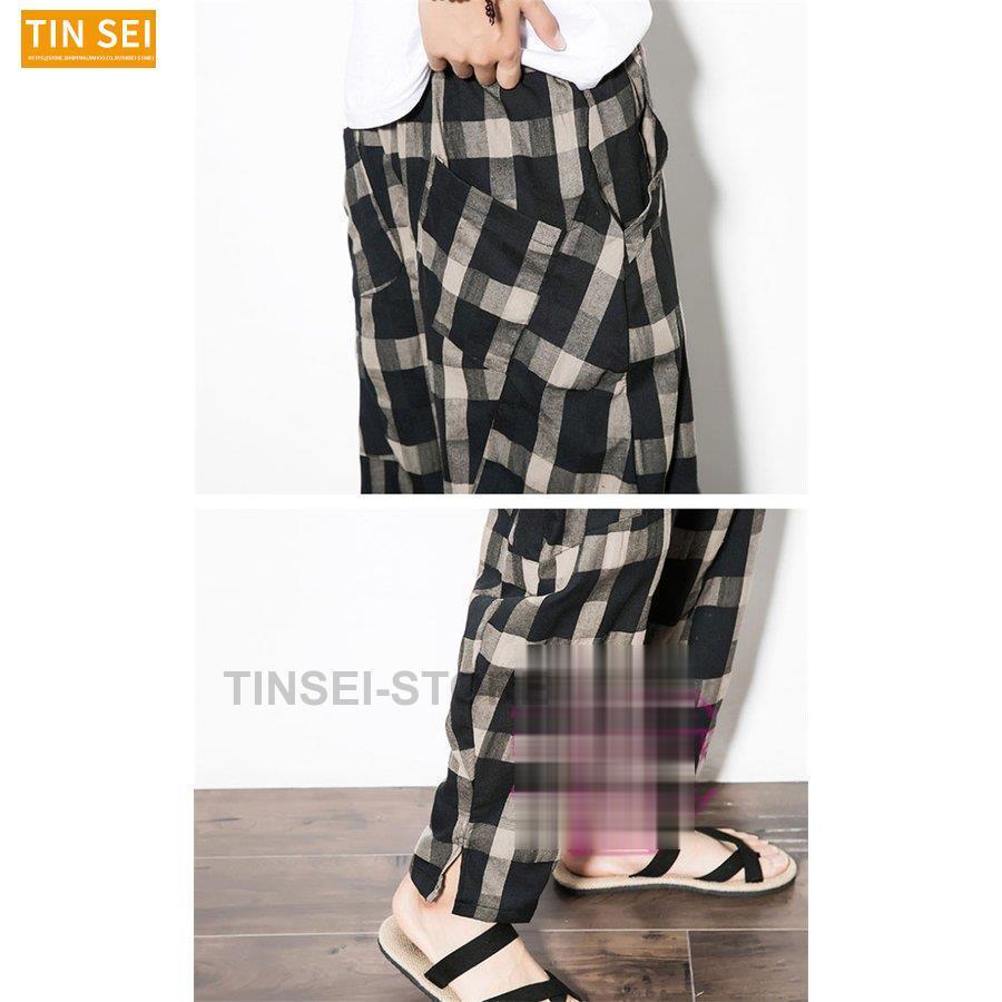 テーパードパンツ メンズ チェック柄 サルエルパンツ ワイドパンツ 綿