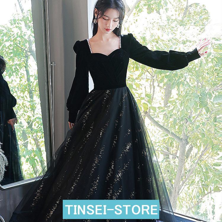 発表会 ピアノ 大人 ドレス ワンピース 長袖 マキシ丈 女の子 中学生 高校生 黒い 花柄 ゴールド ピアノ ウェディング レース ハイネックドレス ビーズ プリン | ブランド登録なし | 02