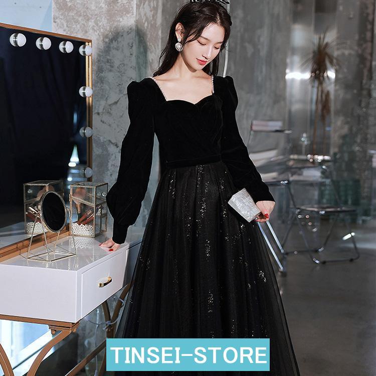 発表会 ピアノ 大人 ドレス ワンピース 長袖 マキシ丈 女の子 中学生 高校生 黒い 花柄 ゴールド ピアノ ウェディング レース ハイネックドレス ビーズ プリン | ブランド登録なし | 03